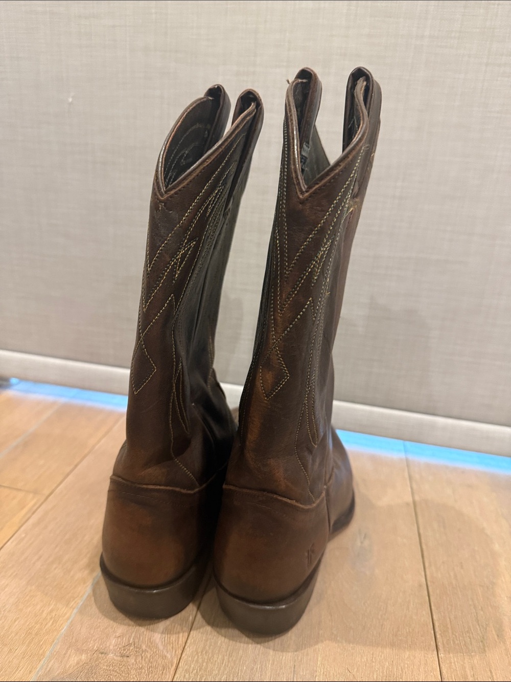 Frye Brown Leather Western Heeled Boots with Stitch Detail - Picture 5 of 10